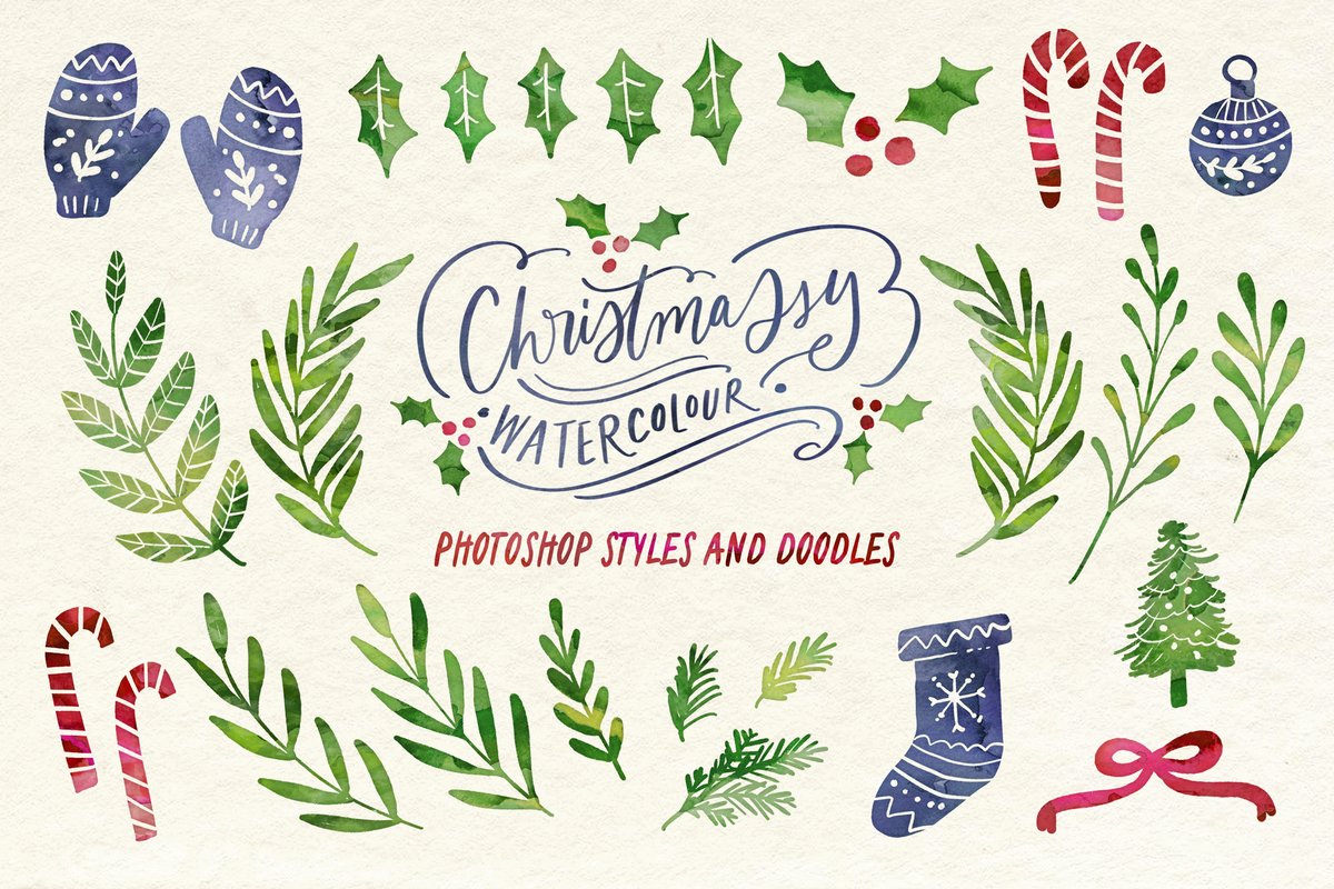 Christmassy Watercolour Photoshop Styles and Doodles main product image by Nicky Laatz