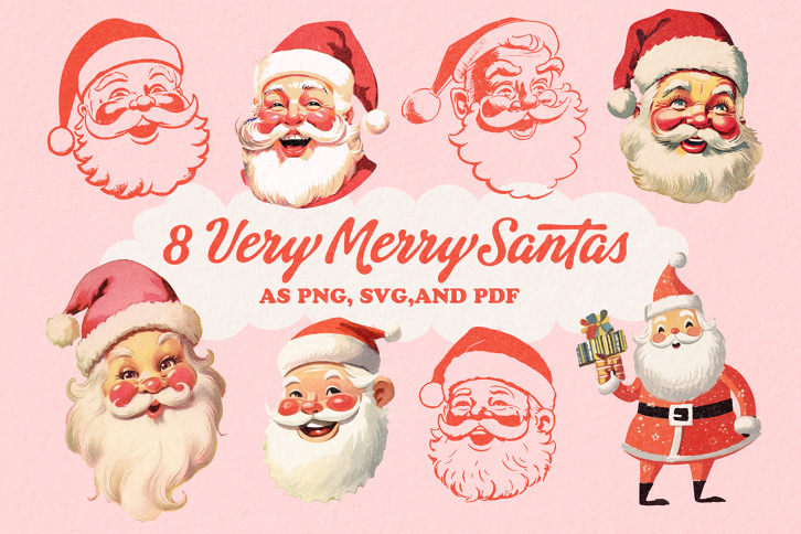 8 Very Merry Retro Santas - Freebie (Illustrations) by Nicky Laatz