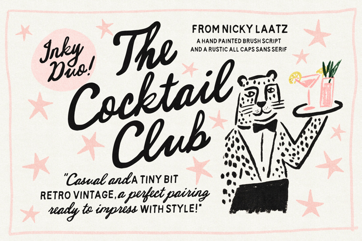 Cocktail Club Font Duo (Fonts) by Nicky Laatz: Bold black brush script paired with a rustic all-caps sans serif, displayed on a cream background with pink stars and an illustrated leopard waiter holding cocktails.