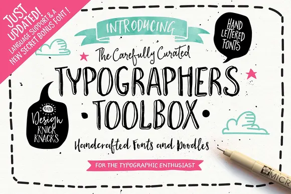 Typographers Toolbox (Fonts) by Nicky Laatz: Promotional banner on a white textured background featuring bold hand-lettered black display type, mint ribbon and speech-bubble accents, pink star details, doodle clouds, and a fine-liner pen in the corner.