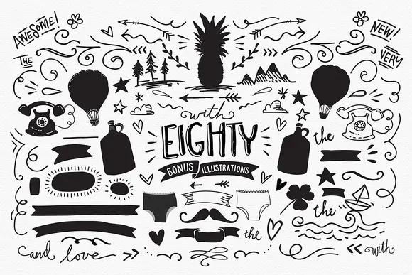 Typographers Toolbox (Fonts) by Nicky Laatz: Black-and-white hand-drawn illustration sheet showcasing eighty bonus elements including banners, arrows, swirls, a pineapple, hot air balloons, vintage telephones, mountains, and decorative flourishes on a white background.