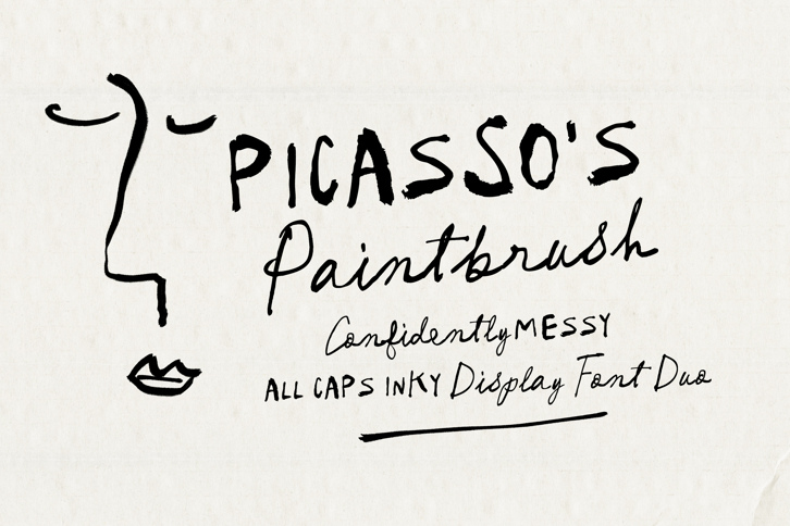 Picasso's Paintbrush Font Duo (Fonts) by Nicky Laatz: Black inky all-caps display lettering paired with loose handwritten script on a textured cream paper background, alongside a minimal single-line face sketch.